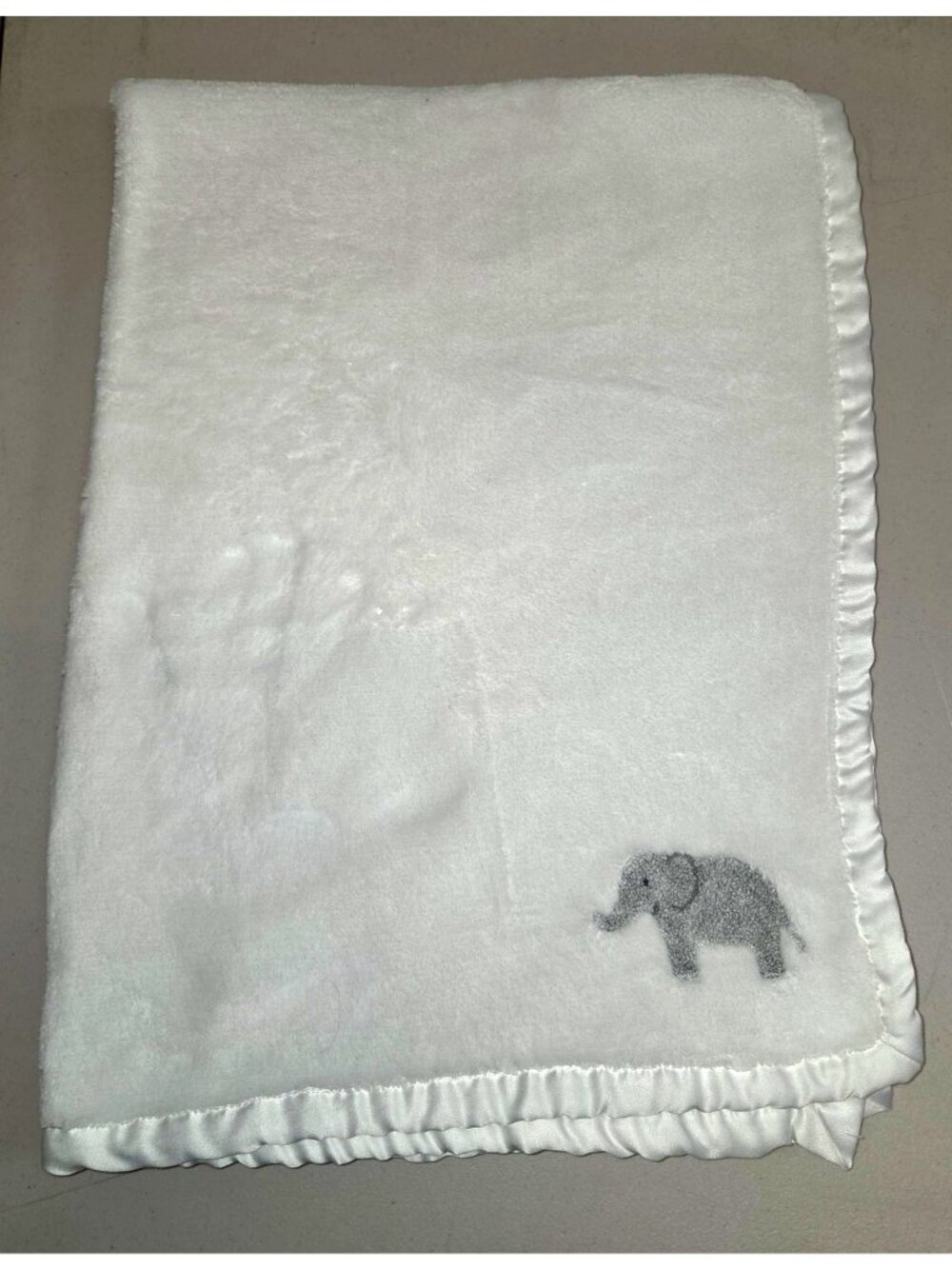 Carters Baby Blanket White With Elephant Embroidery Soft Plush Satin Trim 36"x30